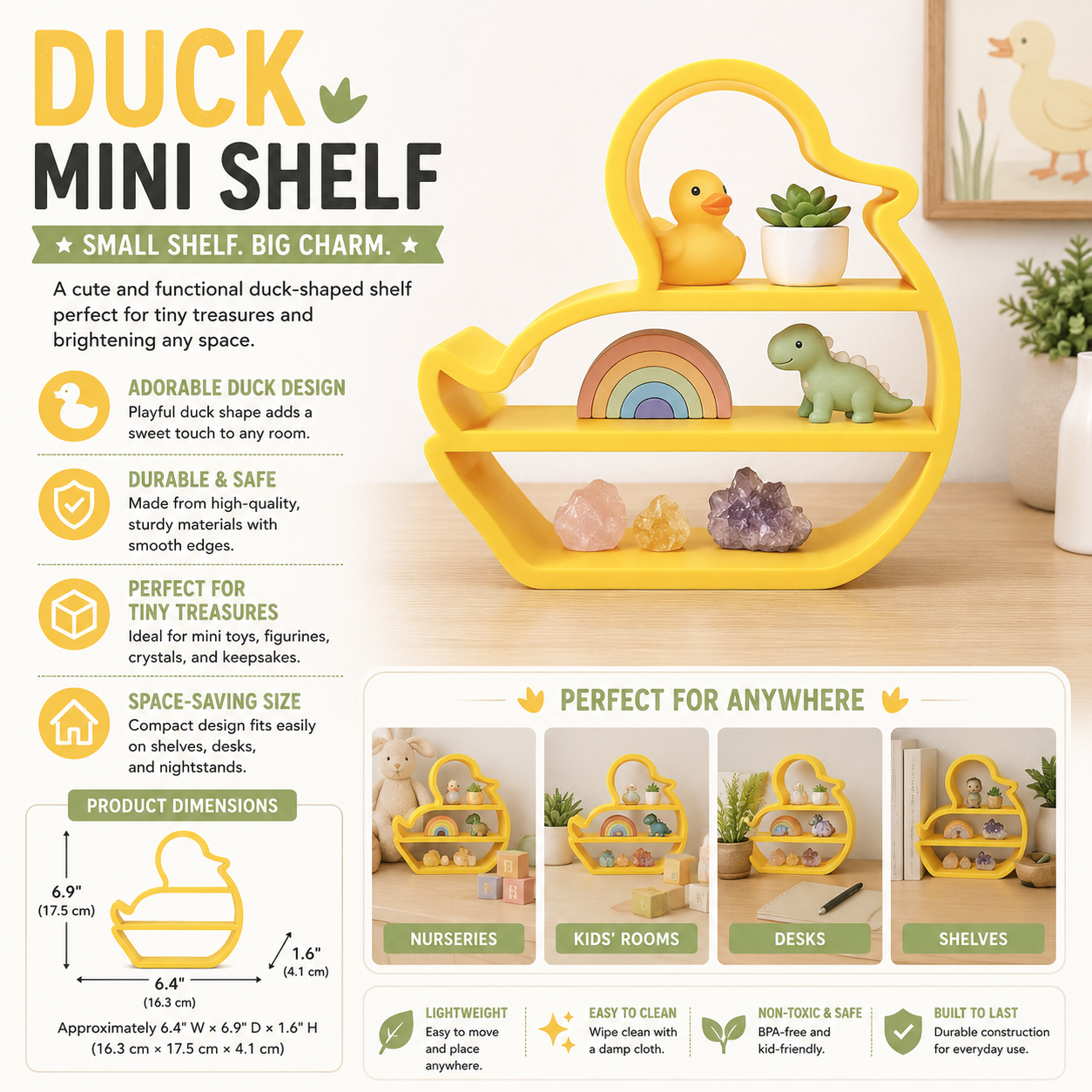 Duck Mini Shelf – 3D Printed Yellow Rubber Duck Silhouette with Three Open Shelf Tiers – Freestanding Kids Room Nursery Bathroom Trinket Organizer – Duck Lover Baby Shower Gift