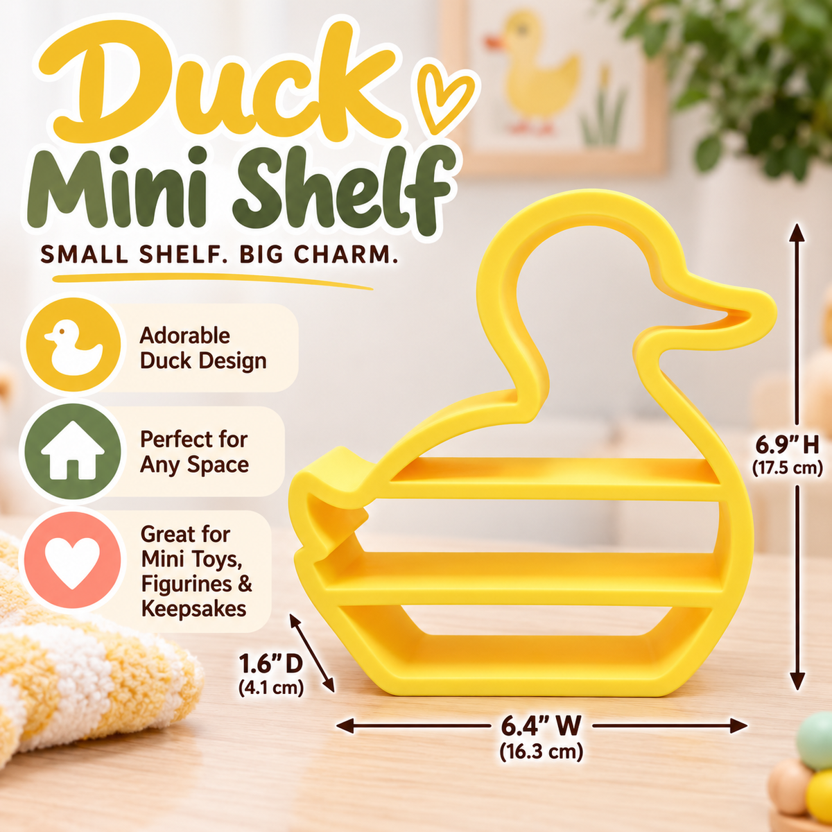 Duck Mini Shelf – 3D Printed Yellow Rubber Duck Silhouette with Three Open Shelf Tiers – Freestanding Kids Room Nursery Bathroom Trinket Organizer – Duck Lover Baby Shower Gift