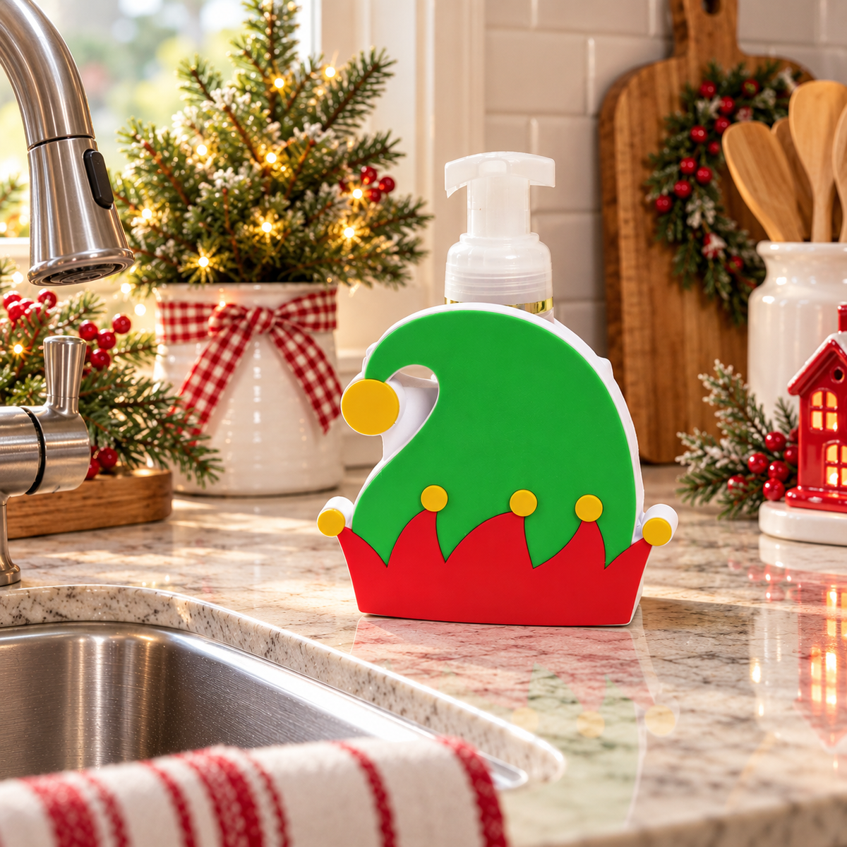Elf Hat Foaming Soap Holder — Christmas Holiday Bathroom Decor for Bath and Body Works Bottles