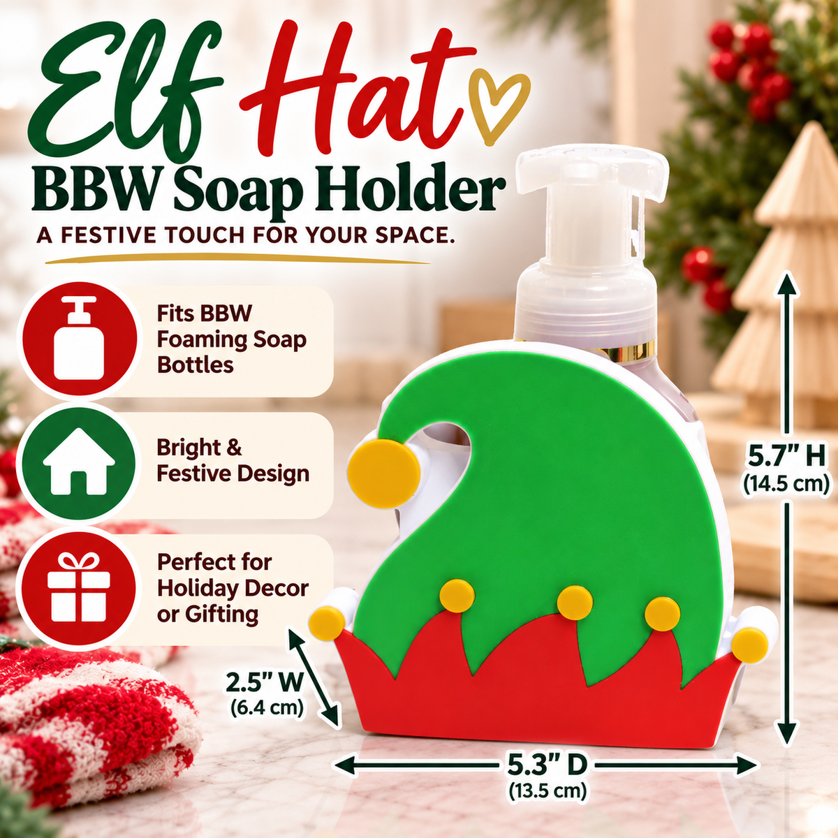 Elf Hat Foaming Soap Holder — Christmas Holiday Bathroom Decor for Bath and Body Works Bottles