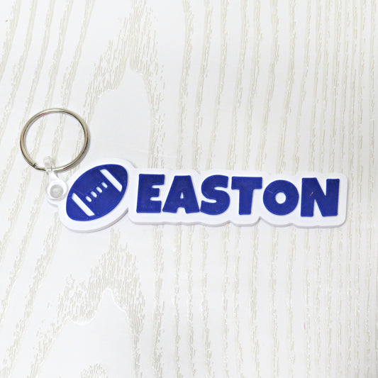 Personalized football keychain bag tag custom name 3d printed sports backpack accessory blue white football shape