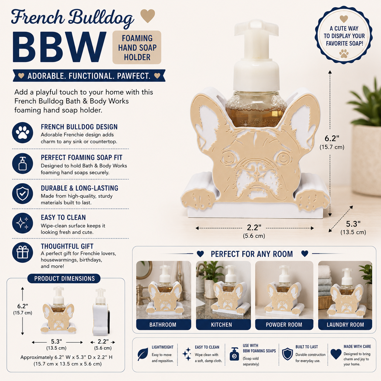 French Bulldog Foaming Soap Bottle Holder – Cute 3D Printed Two-Tone Tan and White Frenchie Peeking Face – Bath and Body Works Foaming Soap Dispenser Stand – Dog Breed Bathroom Kitchen Counter Decor – French Bulldog Owner Frenchie Lover Gift
