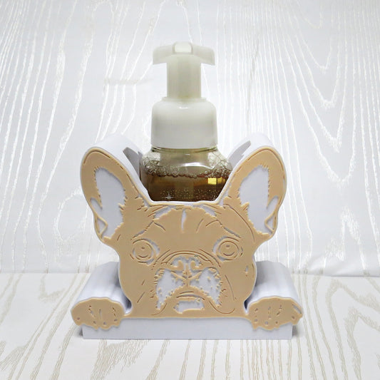 tan-white-3d-printed-french-bulldog-frenchie-peeking-face-foaming-soap-holder-bat-ears-wrinkled-brow-paws-white-base-bathroom-decor