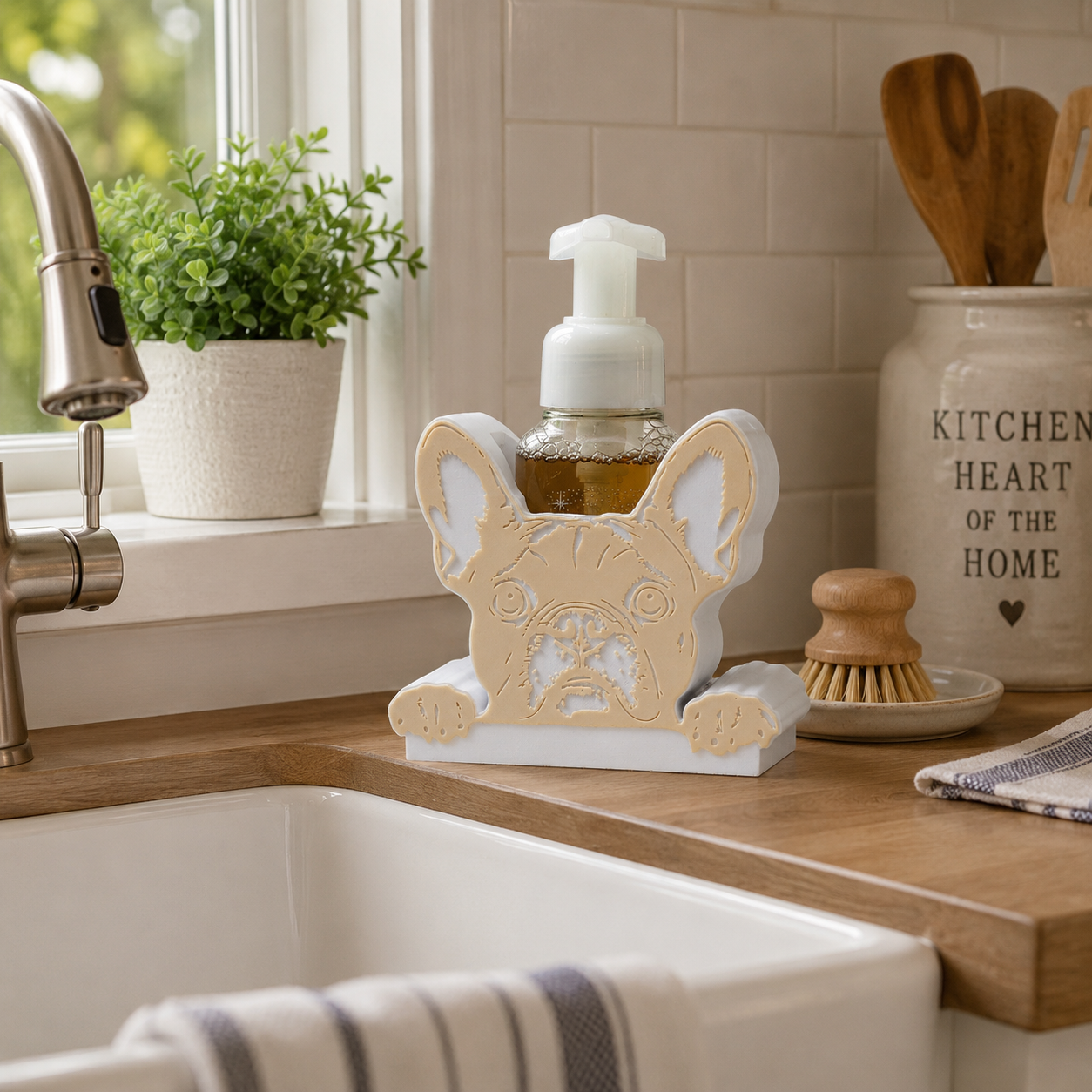 French Bulldog Foaming Soap Bottle Holder – Cute 3D Printed Two-Tone Tan and White Frenchie Peeking Face – Bath and Body Works Foaming Soap Dispenser Stand – Dog Breed Bathroom Kitchen Counter Decor – French Bulldog Owner Frenchie Lover Gift