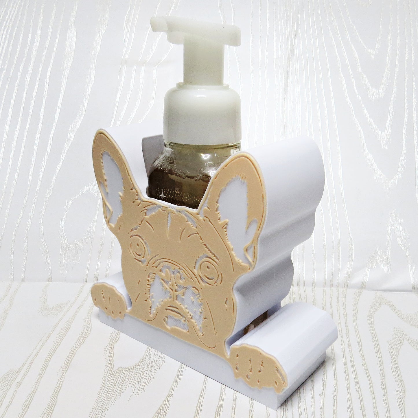 French Bulldog Foaming Soap Bottle Holder – Cute 3D Printed Two-Tone Tan and White Frenchie Peeking Face – Bath and Body Works Foaming Soap Dispenser Stand – Dog Breed Bathroom Kitchen Counter Decor – French Bulldog Owner Frenchie Lover Gift