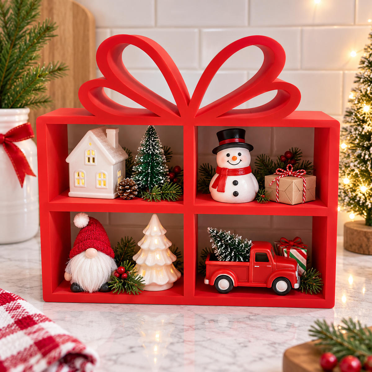 Red Mini Present Shelf — Freestanding Gift Box Display Stand for Trinkets, Plants and Holiday Decor