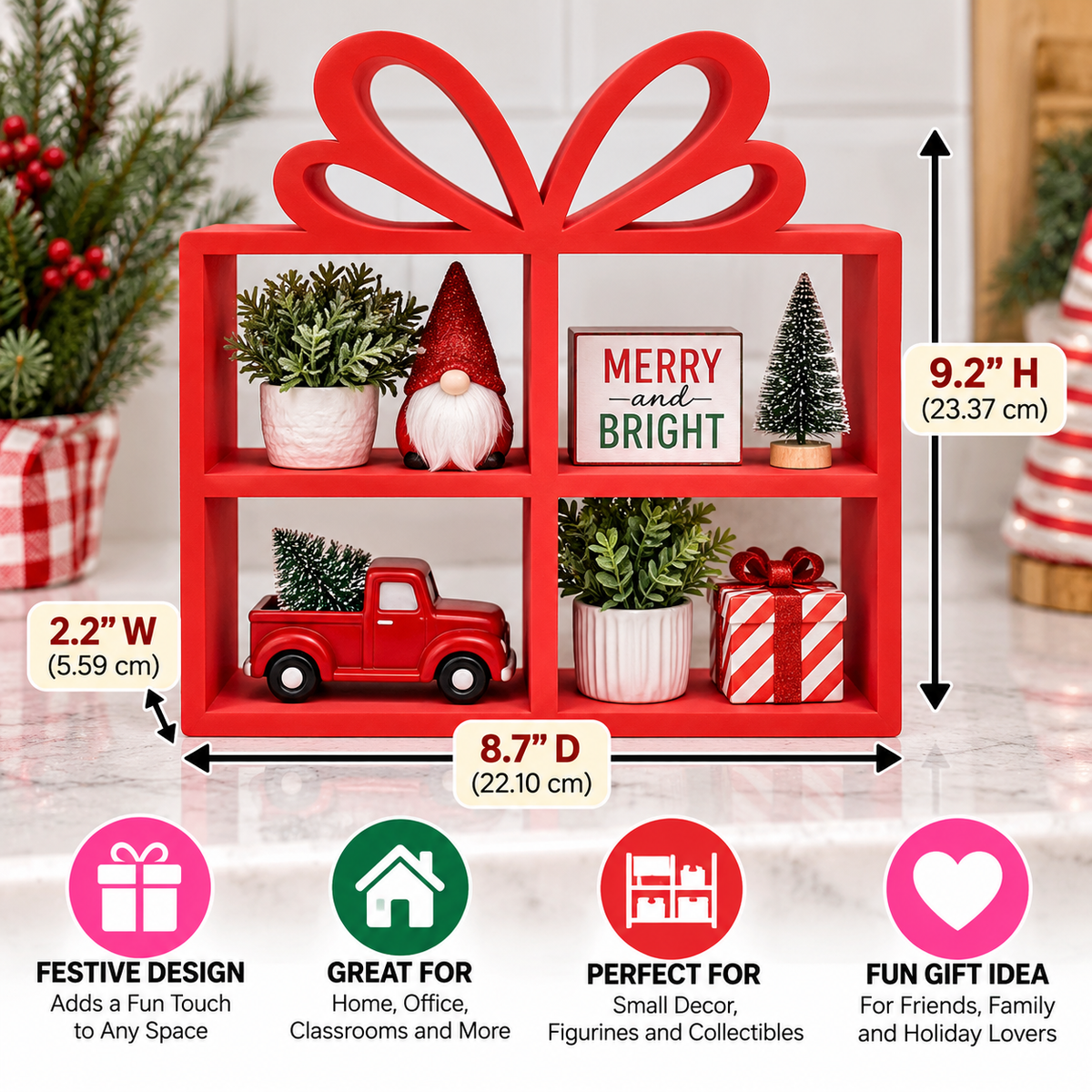 Red Mini Present Shelf — Freestanding Gift Box Display Stand for Trinkets, Plants and Holiday Decor