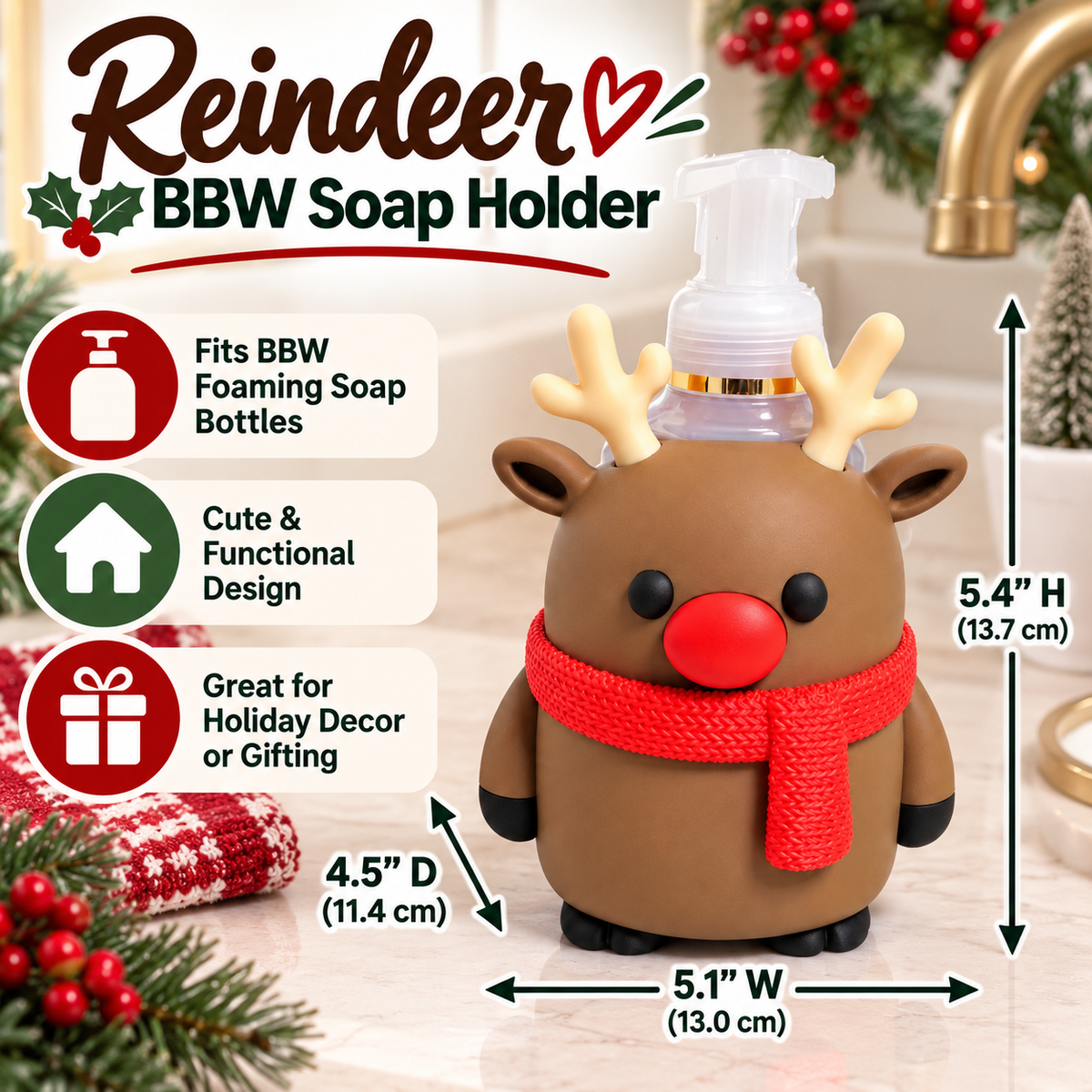 Reindeer Foaming Soap Holder — Christmas Holiday Bathroom Decor for BBW Bottles