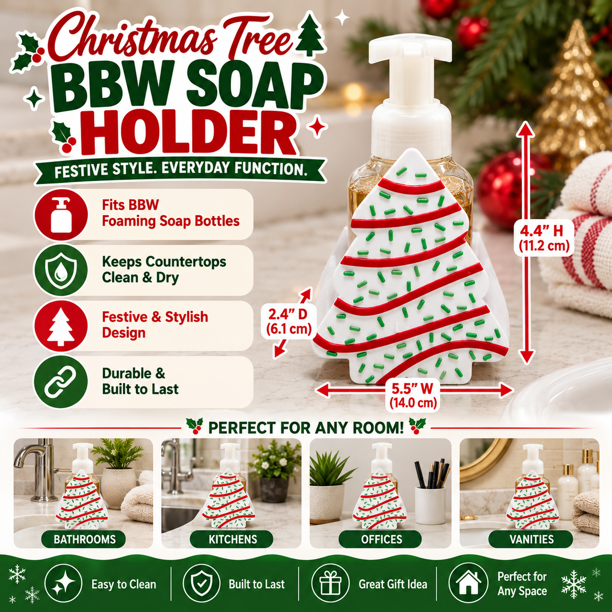 Christmas Tree Cake Foaming Soap Bottle Holder – Cute 3D Printed White Frosted Tree with Red Swirl Icing and Green Sprinkles – Bath and Body Works Foaming Soap Dispenser Stand – Holiday Christmas Kitchen Bathroom Decor – Festive Seasonal Gift