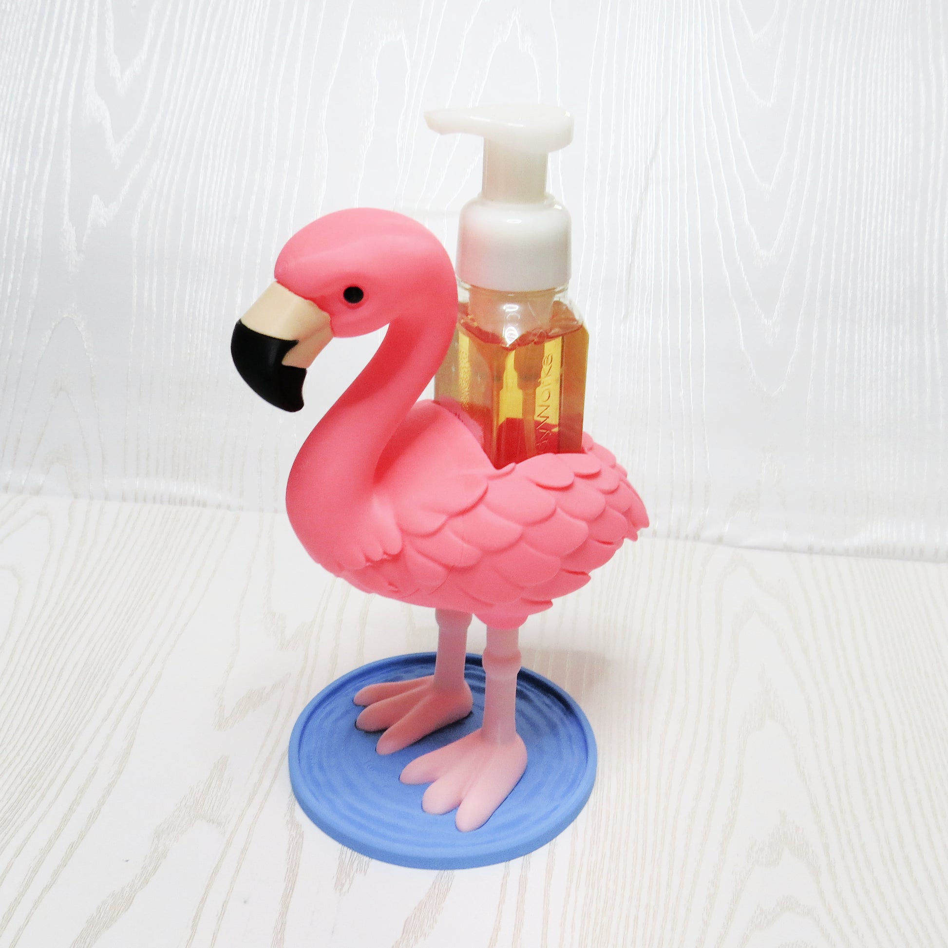 Flamingo Foaming Soap Holder - Cute Pink Tropical Bathroom & Kitchen Decor displayed on countertop