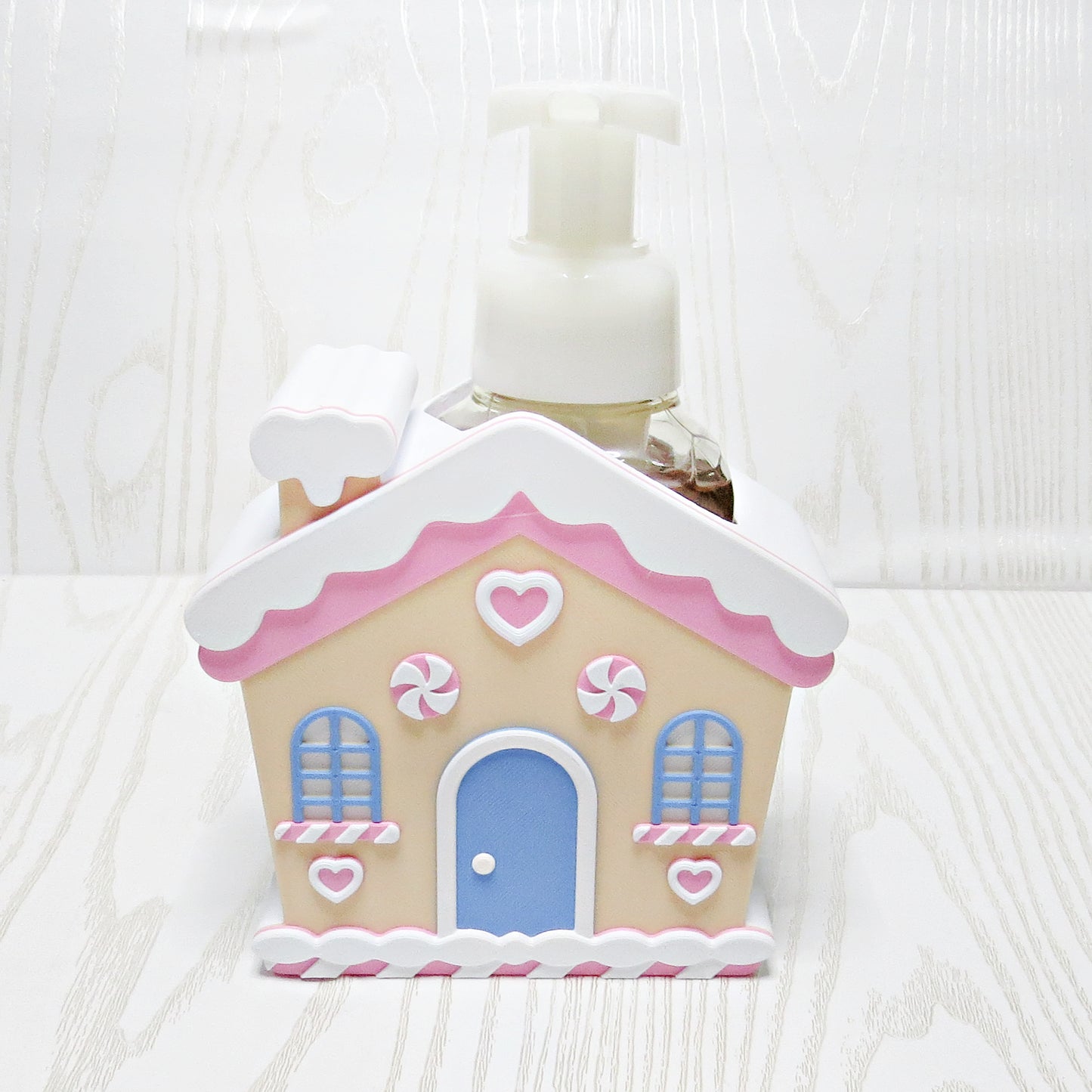 pastel-3d-printed-gingerbread-house-foaming-soap-holder-pink-snow-roof-blue-door-peppermint-heart-christmas-decor