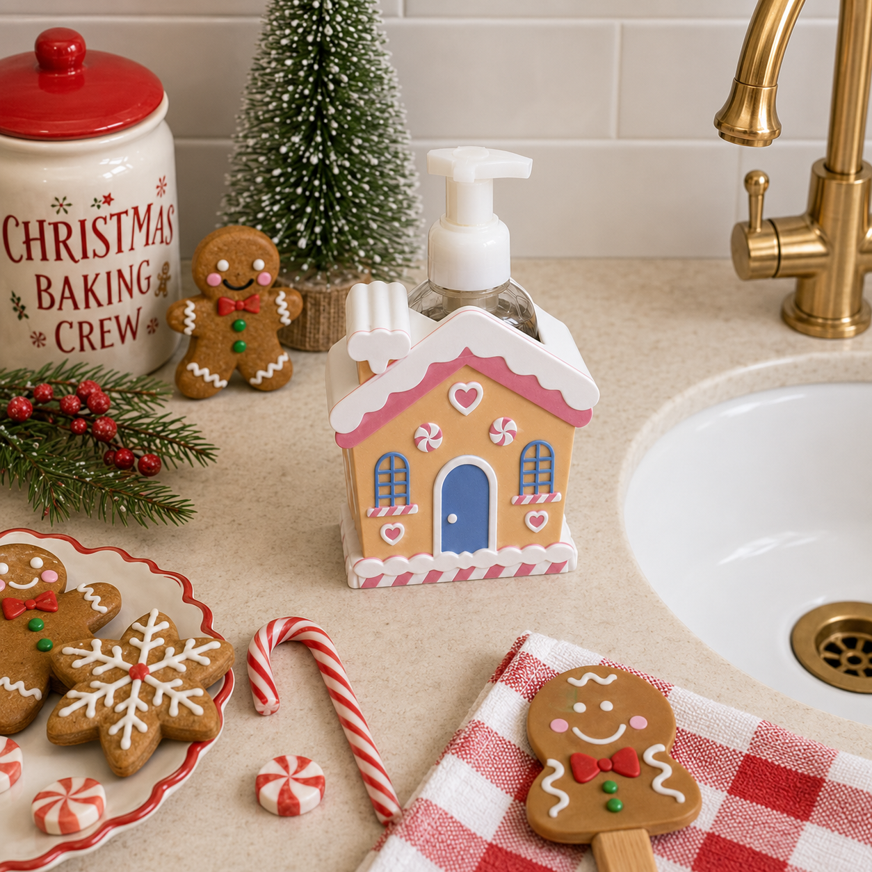 Gingerbread House Foaming Soap Bottle Holder – Cute 3D Printed Pastel Christmas Candy House – Bath and Body Works Foaming Soap Dispenser Stand – Holiday Winter Bathroom Kitchen Counter Decor – Festive Christmas Gift