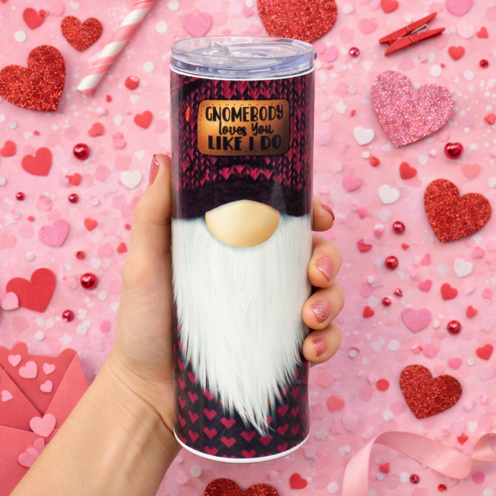 Gnomebody loves you like i do valentine 20oz stainless steel tumbler with hearts and gnome design
