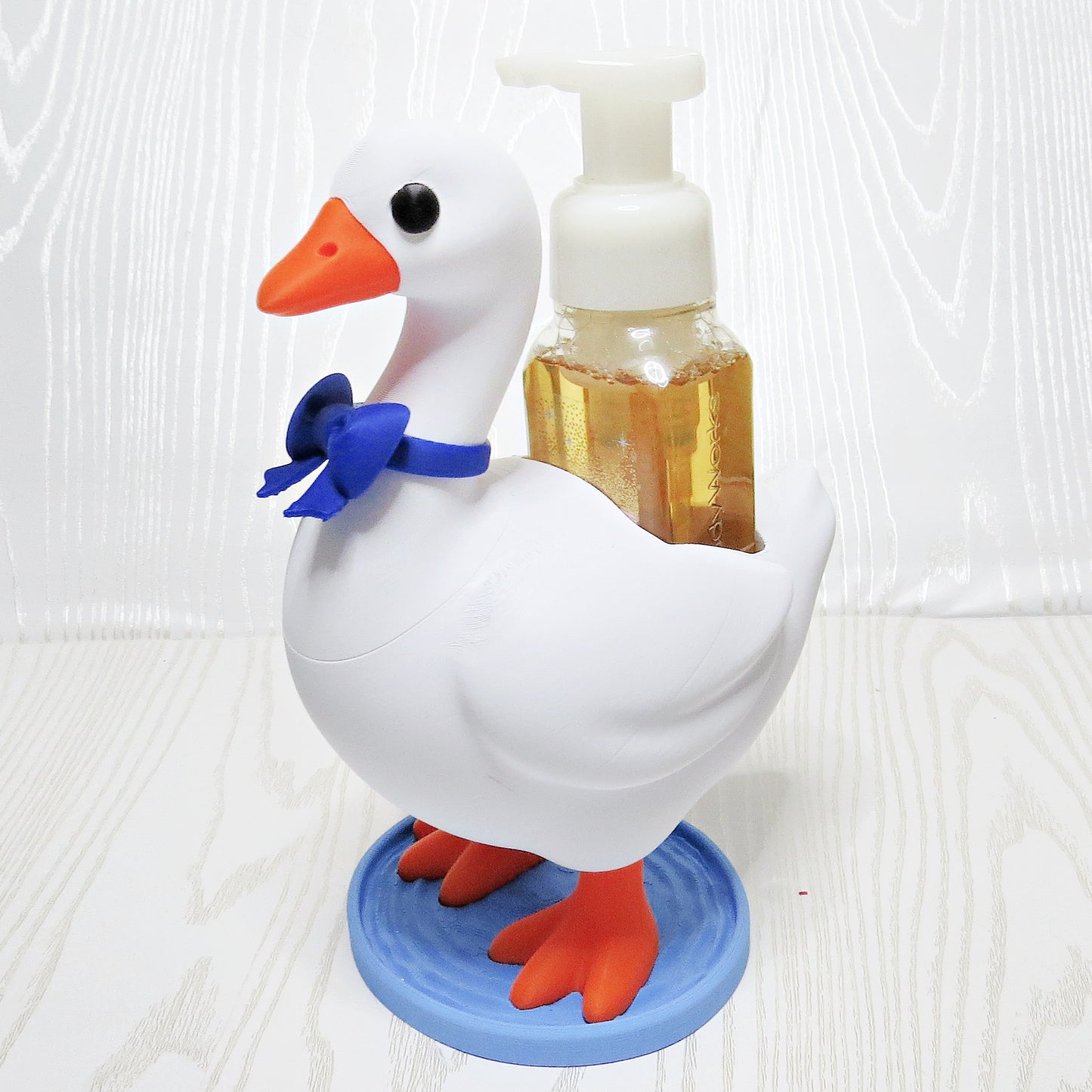 Goose Foaming Soap Bottle Holder – Cute 3D Printed White Goose with Blue Bow Tie – Bath and Body Works Foaming Soap Dispenser Stand – Farmhouse Bathroom Kitchen Counter Decor – Duck Bird Lover Gift