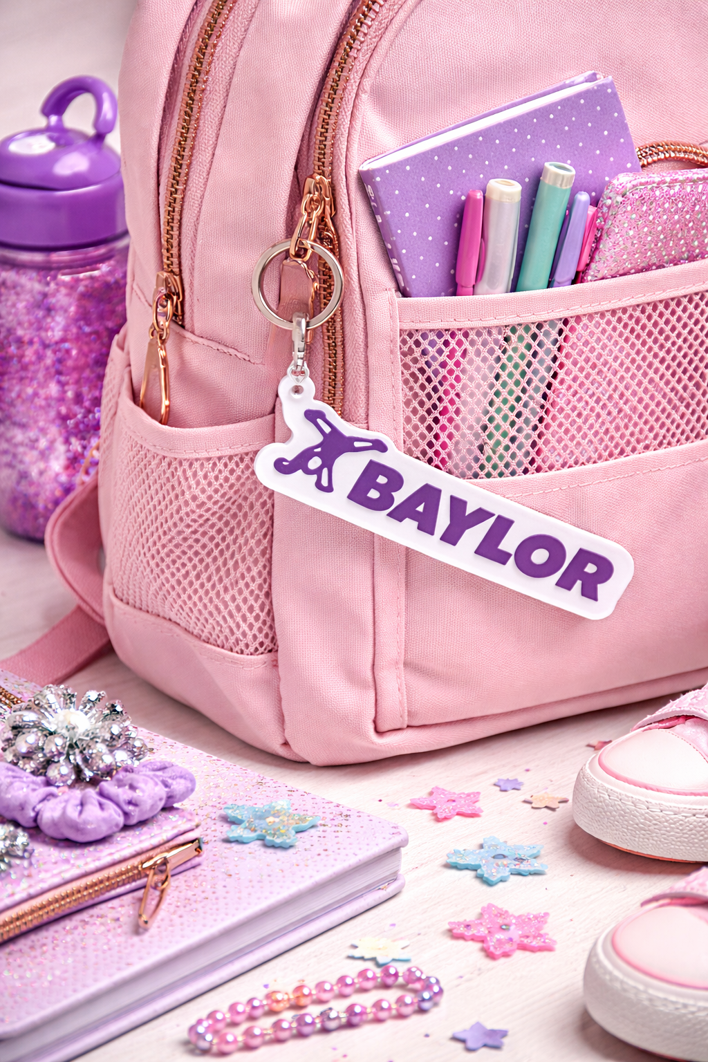 Personalized gymnastics bag tag keychain 3d printed custom name gymnast silhouette purple white