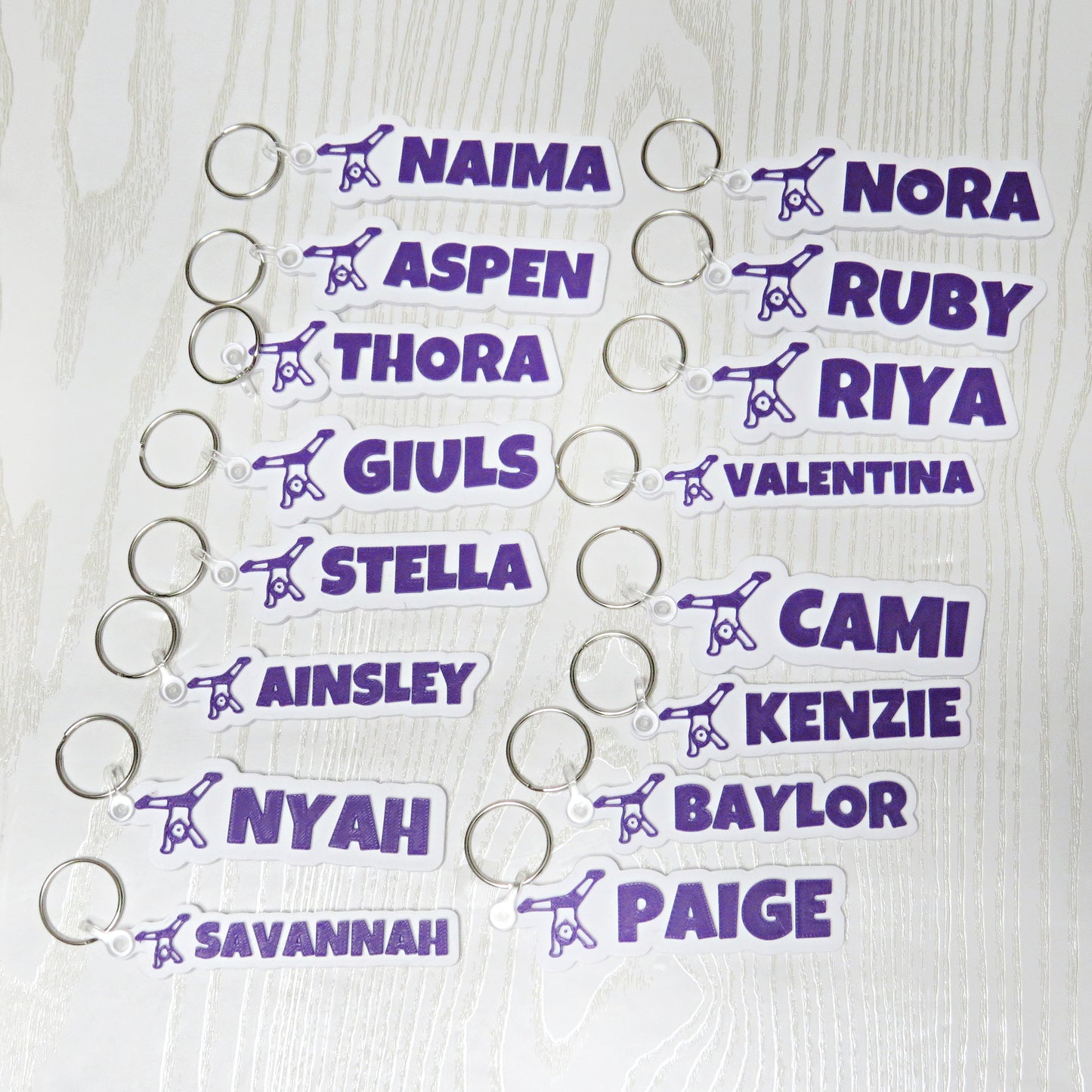 Personalized Gymnastics Bag Tag Keychain - hanging display with keys