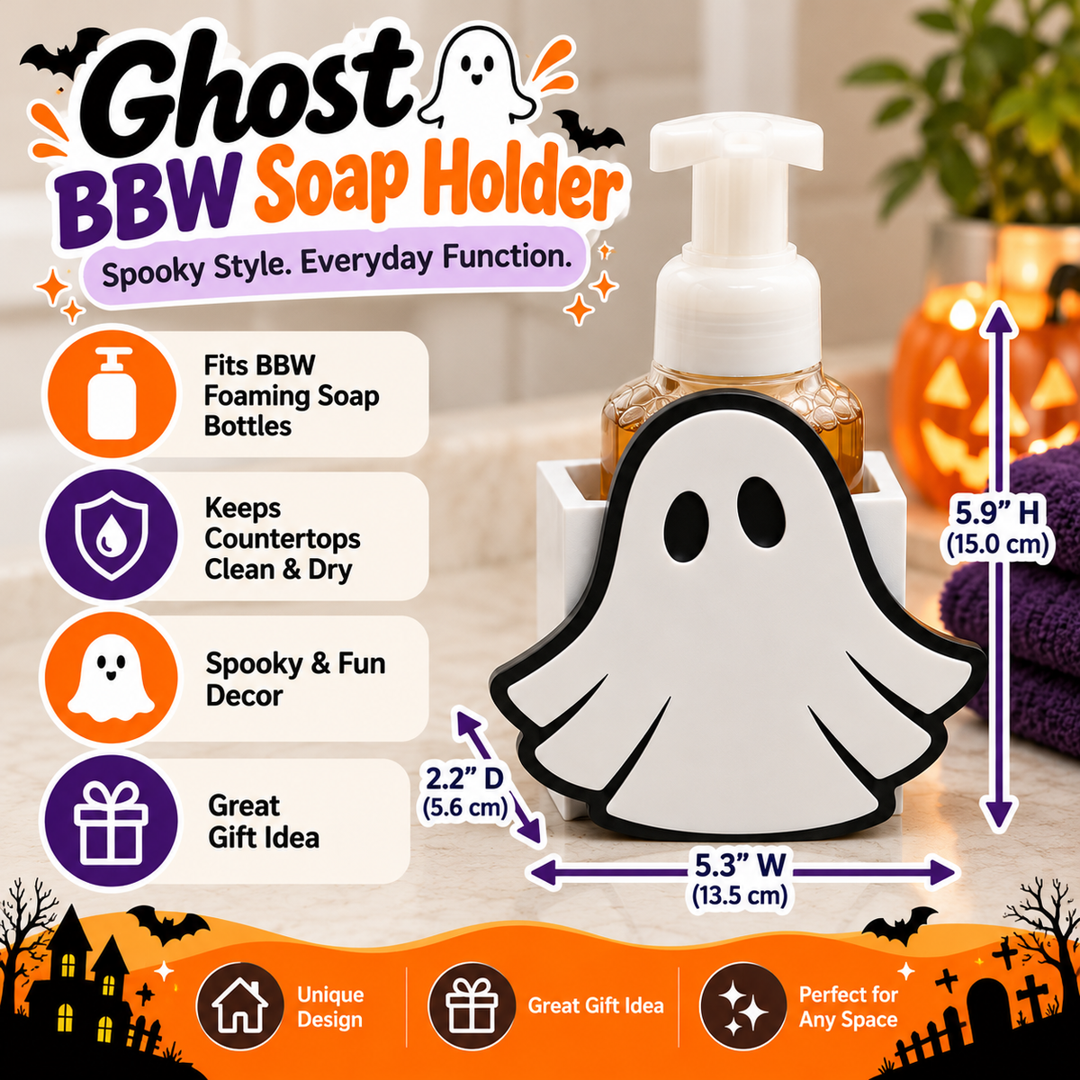 Ghost Foaming Soap Bottle Holder – Cute 3D Printed White Ghost with Black Outline – Bath and Body Works Foaming Soap Dispenser Stand – Spooky Halloween Bathroom Kitchen Counter Decor – Ghost Halloween Seasonal Gift