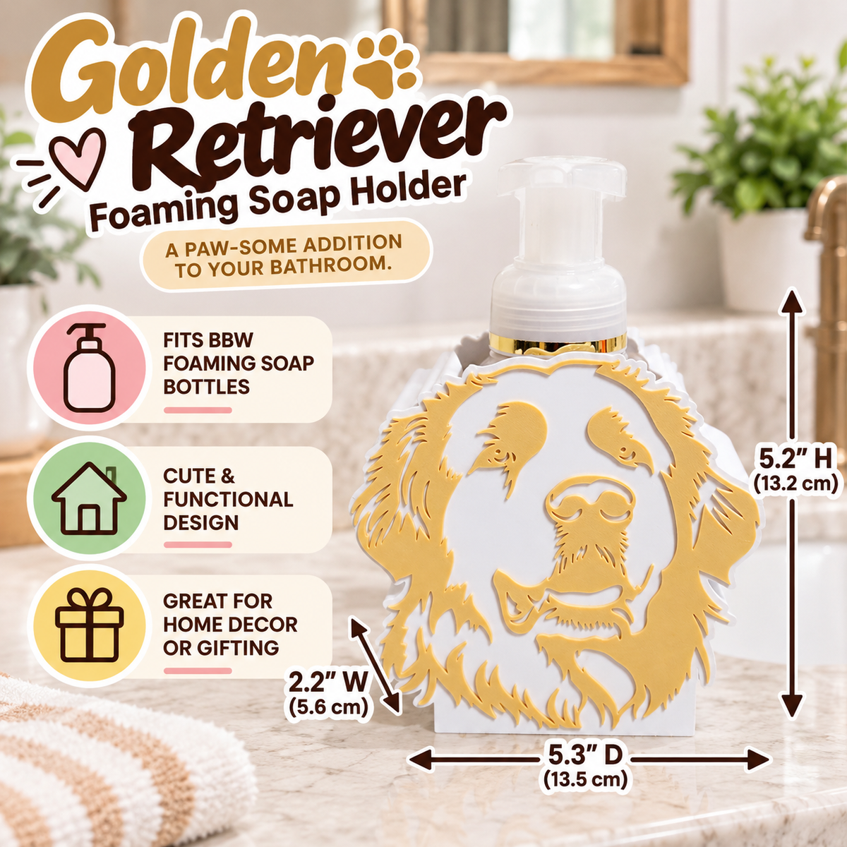 Golden Retriever Foaming Soap Holder — Bath and Body Works Compatible Dog Bathroom Decor Stand