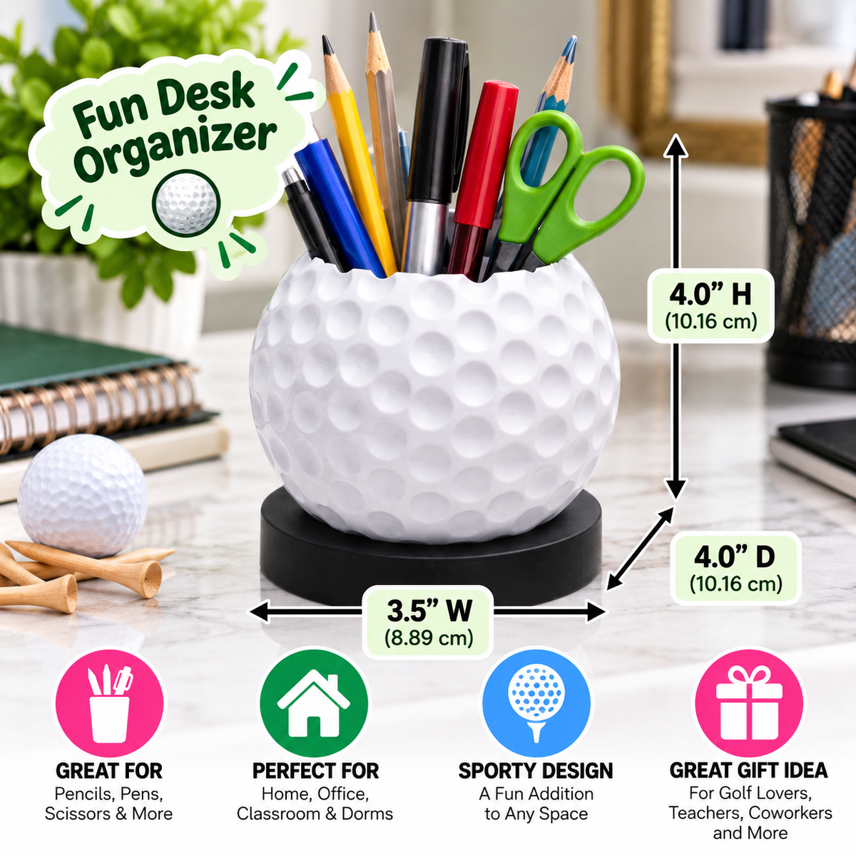 Golf Ball Pencil Holder Desk Organizer – Golf Lover Office Decor & Golfer Gift