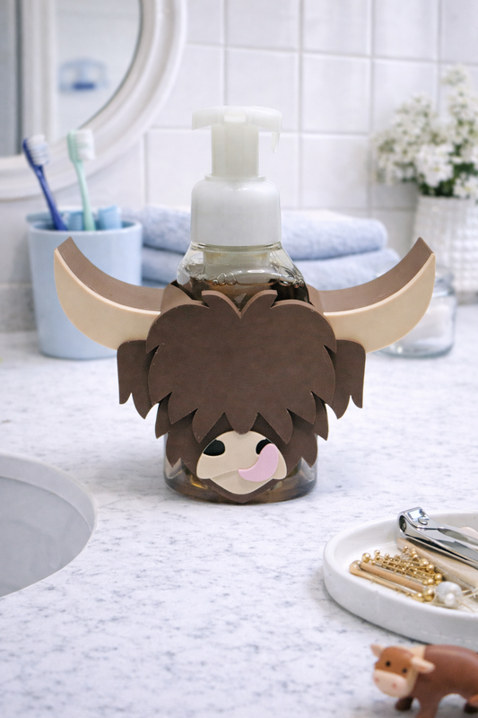 Highland Cow Foaming Soap Holder – Cute Farmhouse Bathroom Counter Decor