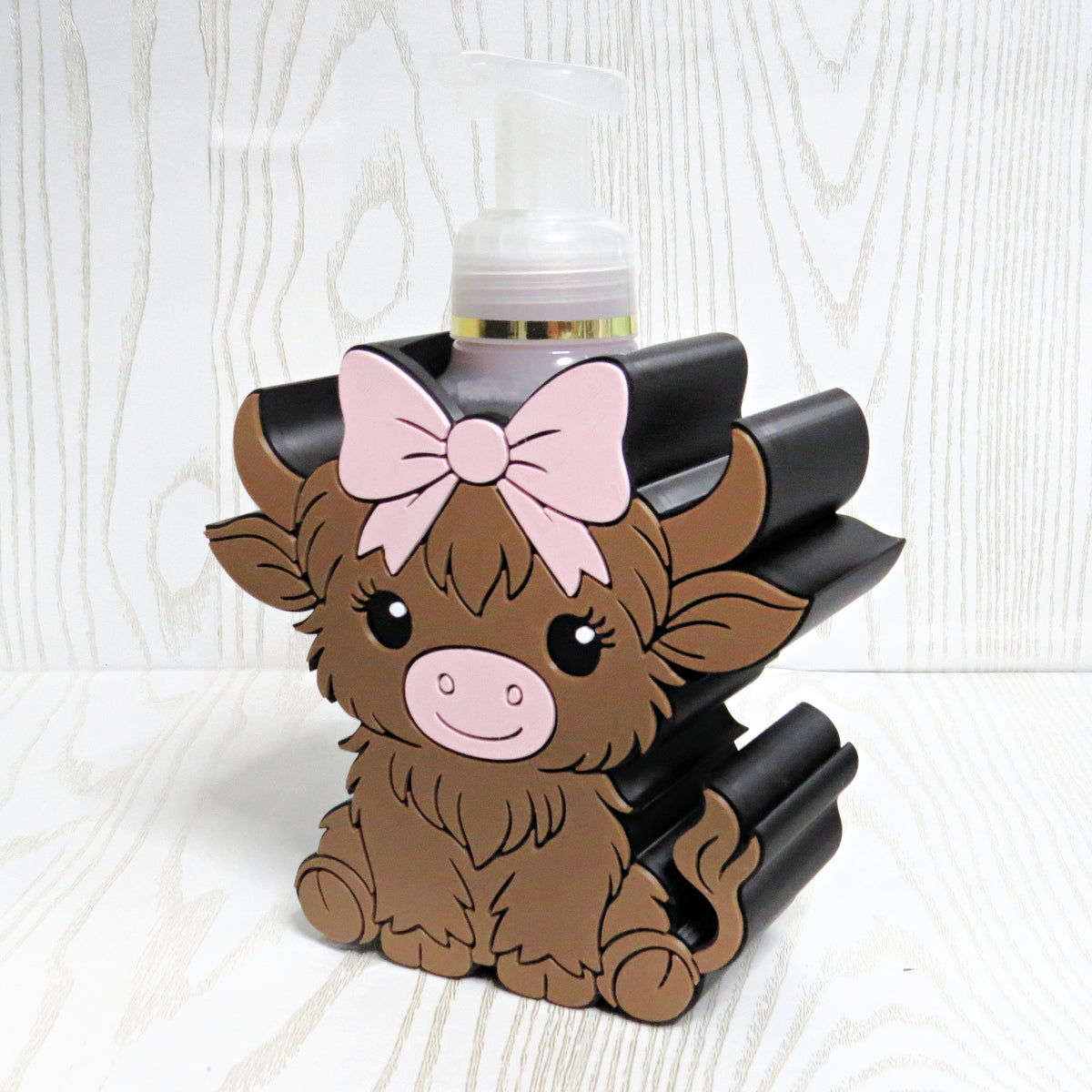 Cute Highland Cow Foaming Soap Holder with Bow — Farmhouse Bathroom Decor for BBW Bottles