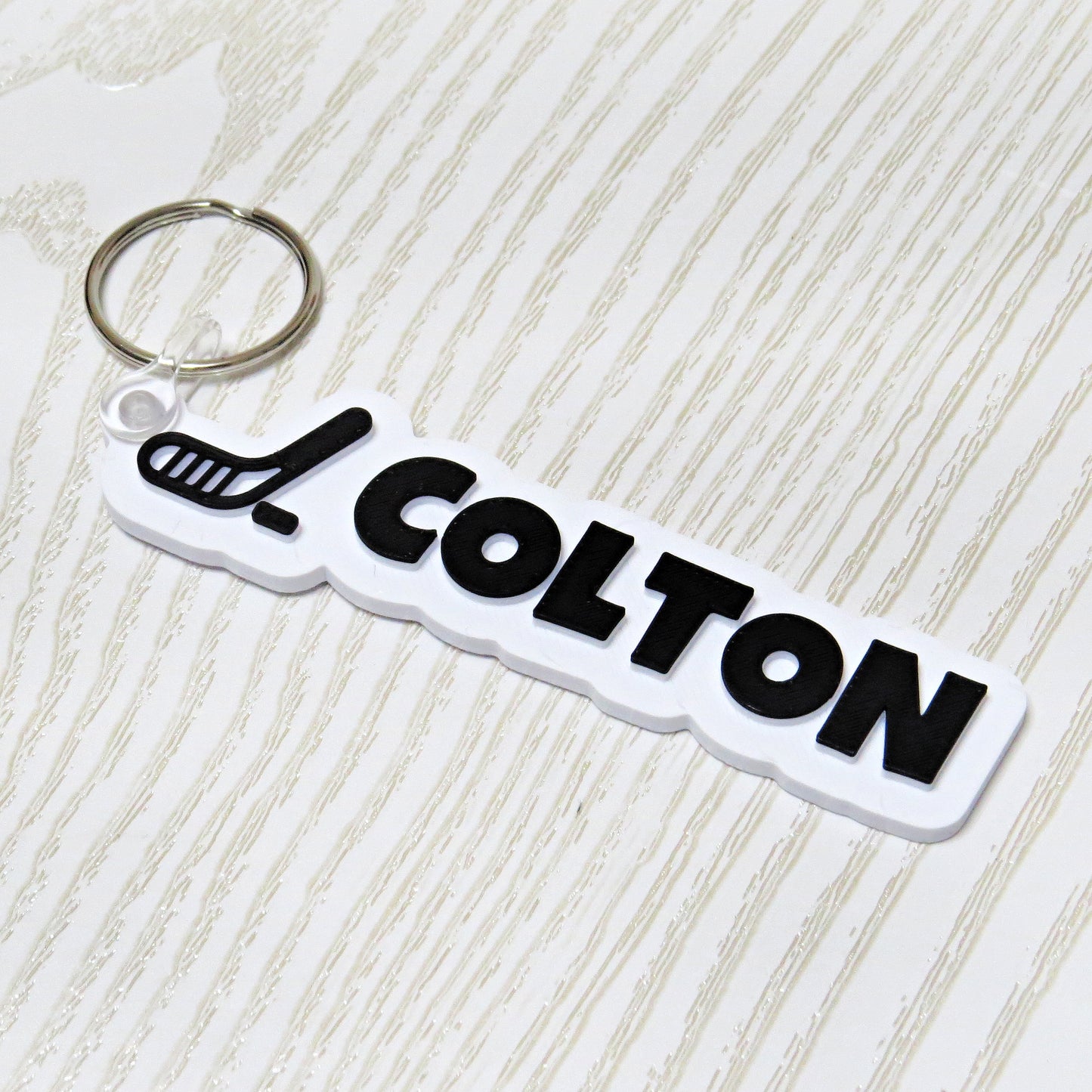 Personalized hockey keychain bag tag custom name hockey stick design black white sports accessory
