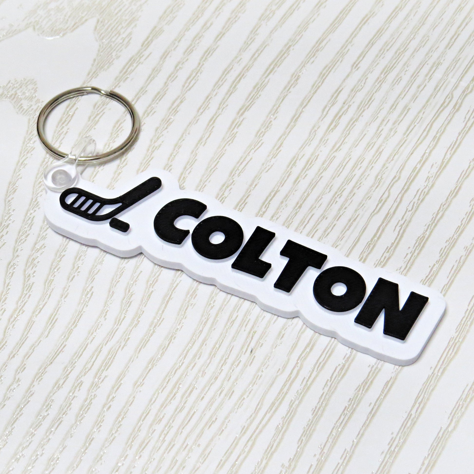 Personalized hockey keychain bag tag custom name hockey stick design black white sports accessory