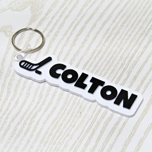 Personalized hockey keychain bag tag custom name hockey stick design black white sports accessory