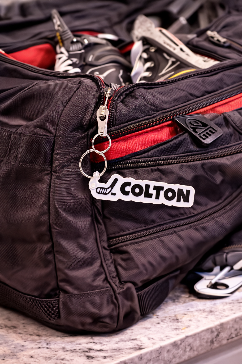 Personalized Hockey Keychain Bag Tag - interior view showing compartments