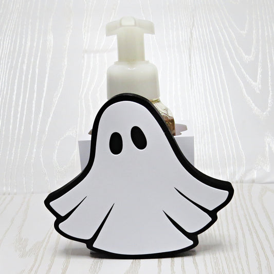 white-3d-printed-ghost-foaming-soap-holder-black-outline-oval-eyes-flowing-draped-body-halloween-bathroom-decor