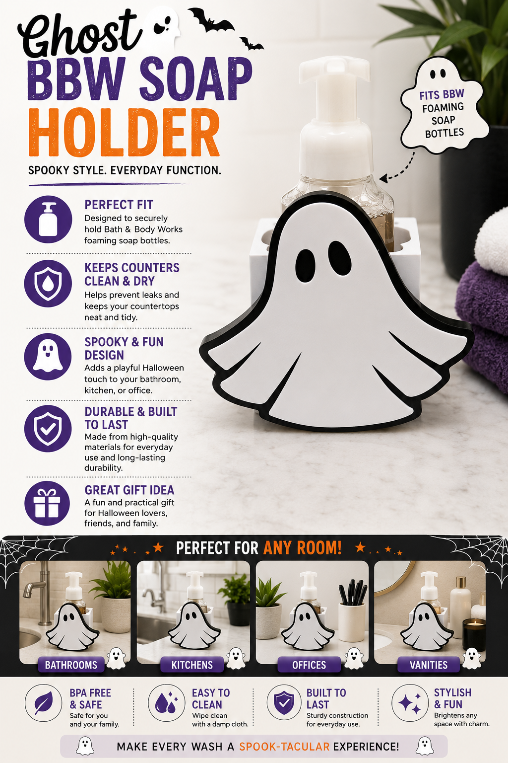 Ghost Foaming Soap Bottle Holder – Cute 3D Printed White Ghost with Black Outline – Bath and Body Works Foaming Soap Dispenser Stand – Spooky Halloween Bathroom Kitchen Counter Decor – Ghost Halloween Seasonal Gift