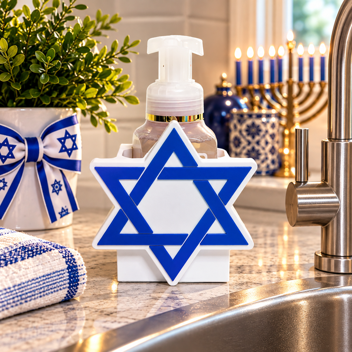 Blue and white Star of David shaped foaming soap bottle holder for Hanukkah decor