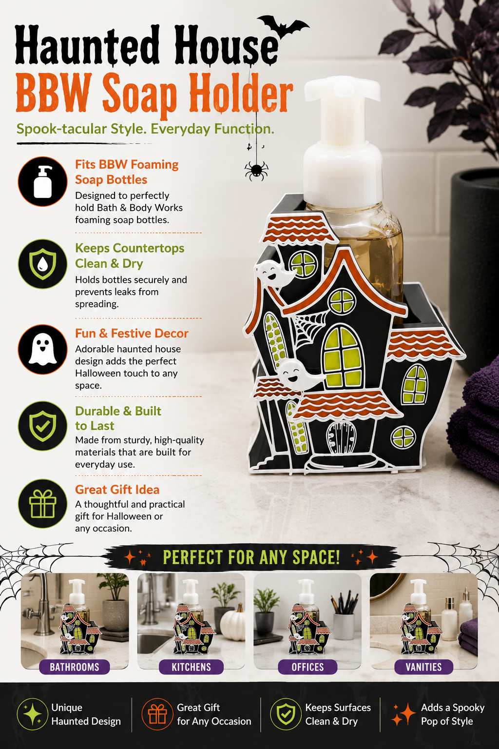 Haunted House Foaming Soap Bottle Holder – Cute 3D Printed Black Halloween Haunted House with Ghosts and Green Windows – Bath and Body Works Foaming Soap Dispenser Stand – Spooky Seasonal Bathroom Kitchen Counter Decor – Halloween Gift