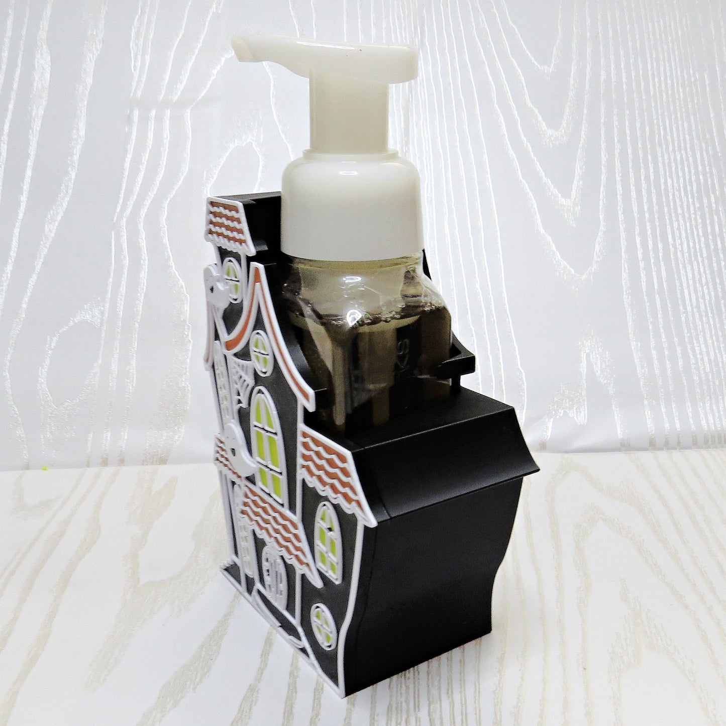 Haunted House Foaming Soap Bottle Holder – Cute 3D Printed Black Halloween Haunted House with Ghosts and Green Windows – Bath and Body Works Foaming Soap Dispenser Stand – Spooky Seasonal Bathroom Kitchen Counter Decor – Halloween Gift