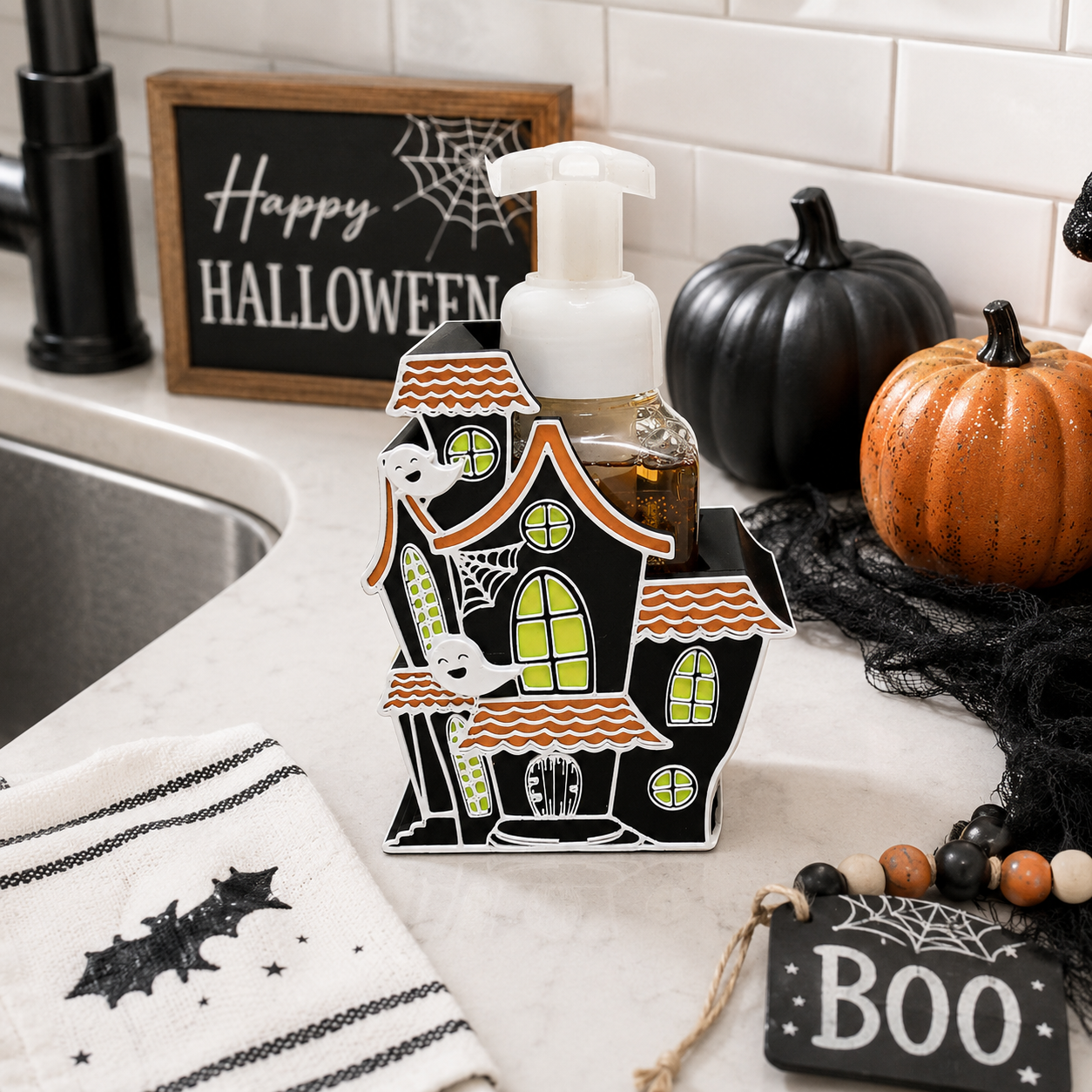 Haunted House Foaming Soap Bottle Holder – Cute 3D Printed Black Halloween Haunted House with Ghosts and Green Windows – Bath and Body Works Foaming Soap Dispenser Stand – Spooky Seasonal Bathroom Kitchen Counter Decor – Halloween Gift