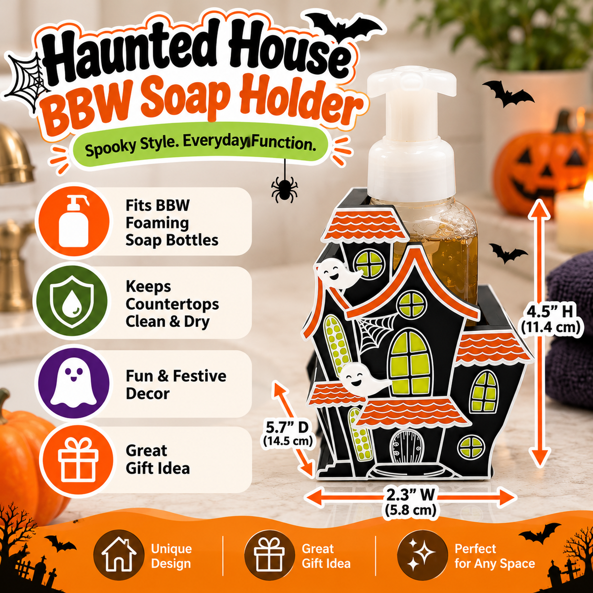 Haunted House Foaming Soap Bottle Holder – Cute 3D Printed Black Halloween Haunted House with Ghosts and Green Windows – Bath and Body Works Foaming Soap Dispenser Stand – Spooky Seasonal Bathroom Kitchen Counter Decor – Halloween Gift