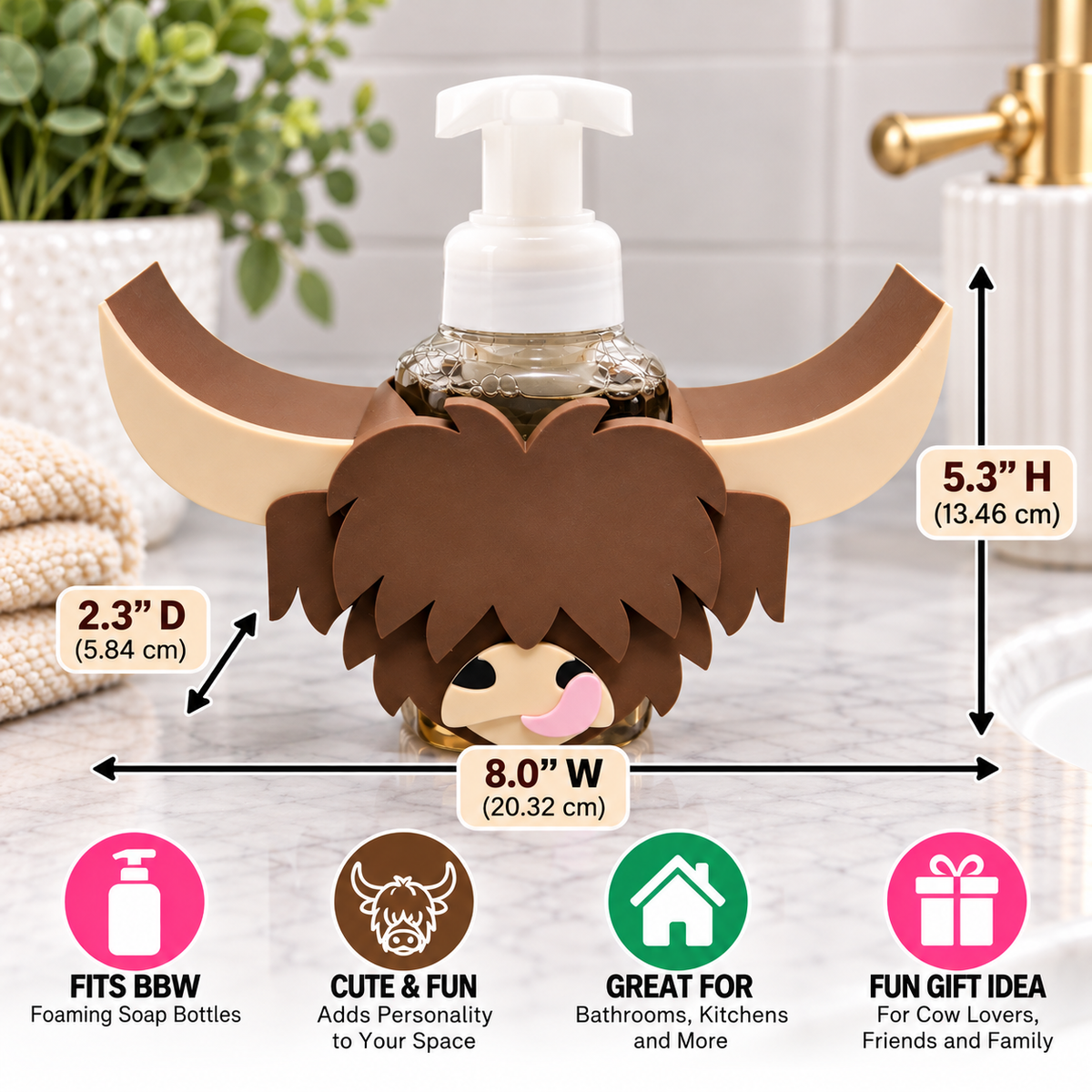 Highland Cow Foaming Soap Holder – Cute Farmhouse Bathroom Counter Decor