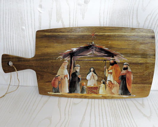 Nativity Scene Cutting Board with Handles - 15 x 7 Inch - Acacia Wood - Holiday Decorations Decor