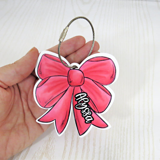 Personalized Bow Bag Tag with Custom Name - Solid Colored Kids Name Tag Keychain