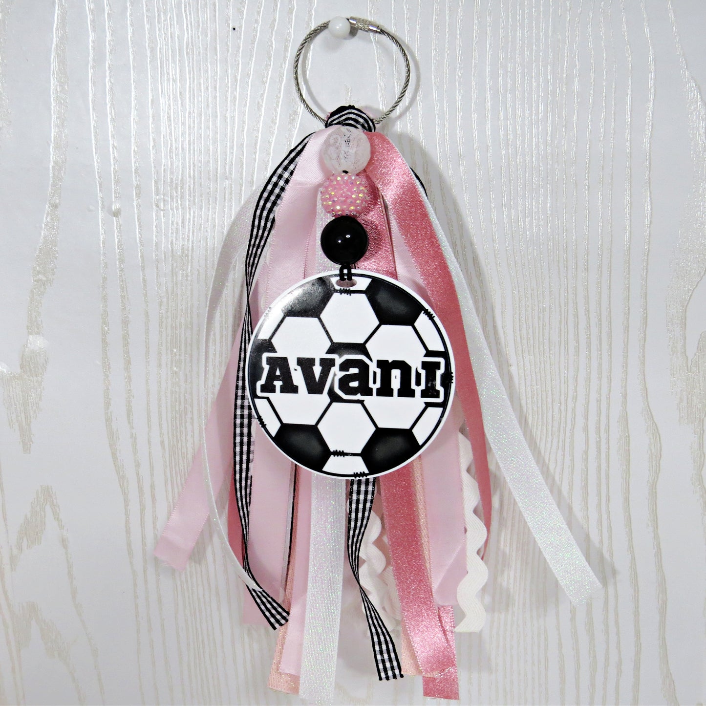 Personalized Soccer Ribbon Beads Bag Tag with Name for Backpack Sports Bag - Acrylic Custom Futbol Identification Gift Kids