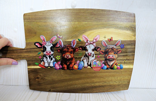 Easter Highland Cows Decorative Cutting Board for Kitchen with Handle - Wooden Décor Home - 17 x 10 inches