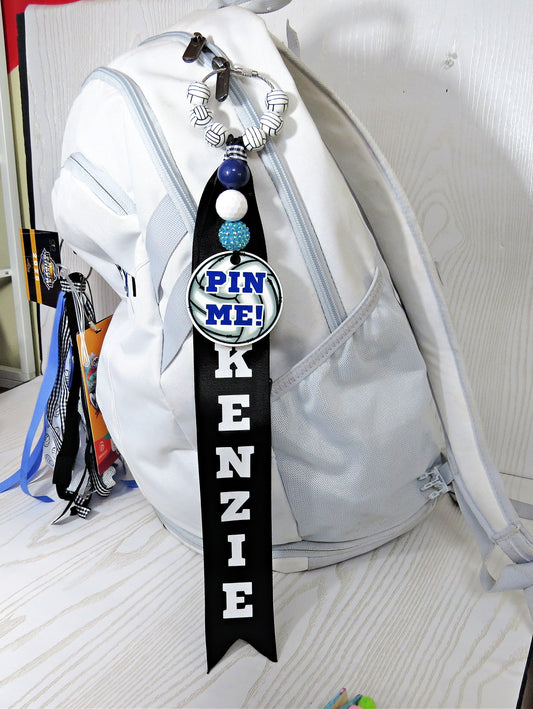 Volleyball Pin Me Bag Tag Personalized with Name for Backpack or Sports Bag Gift – Ribbons Beads School Colors Acrylic Keychain Charm for Girls – Marker ID Identification Label Toddler Teen Accessories