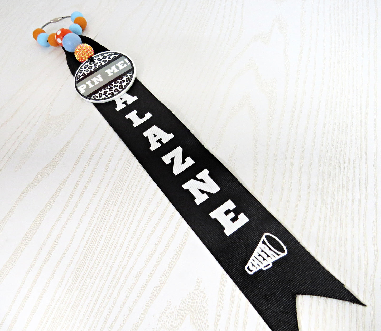 Cheerleader Pin Me! Ribbon for Backpack - Cheer Bag Tag Personalized with Nam... - flat lay showing full design