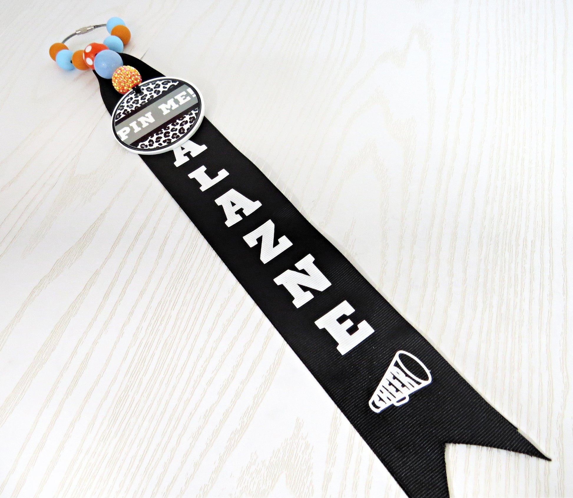 Cheerleader Pin Me! Ribbon for Backpack - Cheer Bag Tag Personalized with Nam... - flat lay showing full design