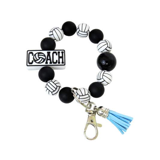 Volleyball Coach Silicone Keychain Beaded Wristlet - Custom Color Car Key Ring Bracelet with Tassel - Handmade Gift for Team Moms, Players & Fans