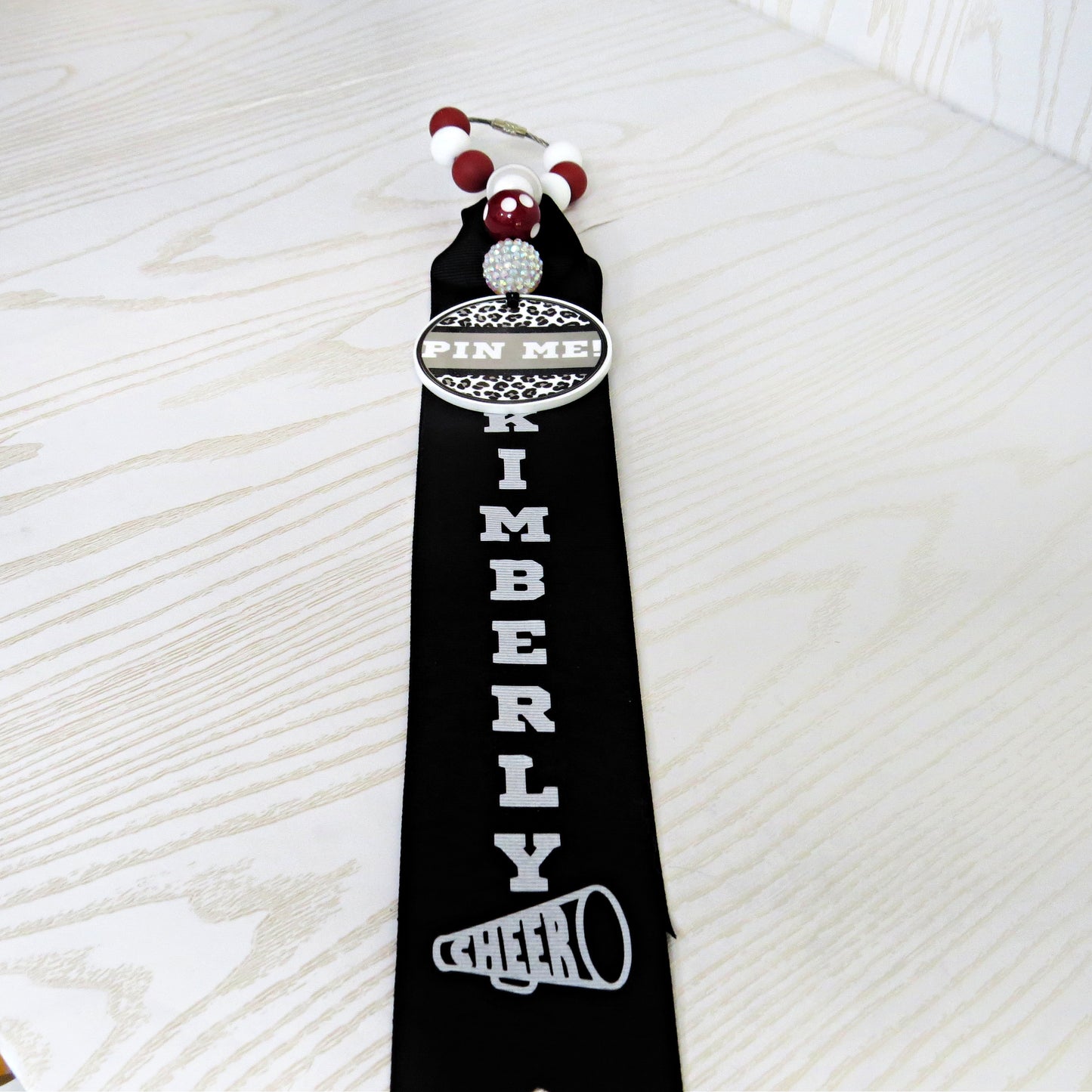 Cheerleader Pin Me! Ribbon for Backpack - Cheer Bag Tag Personalized with Nam... - close-up of design detail