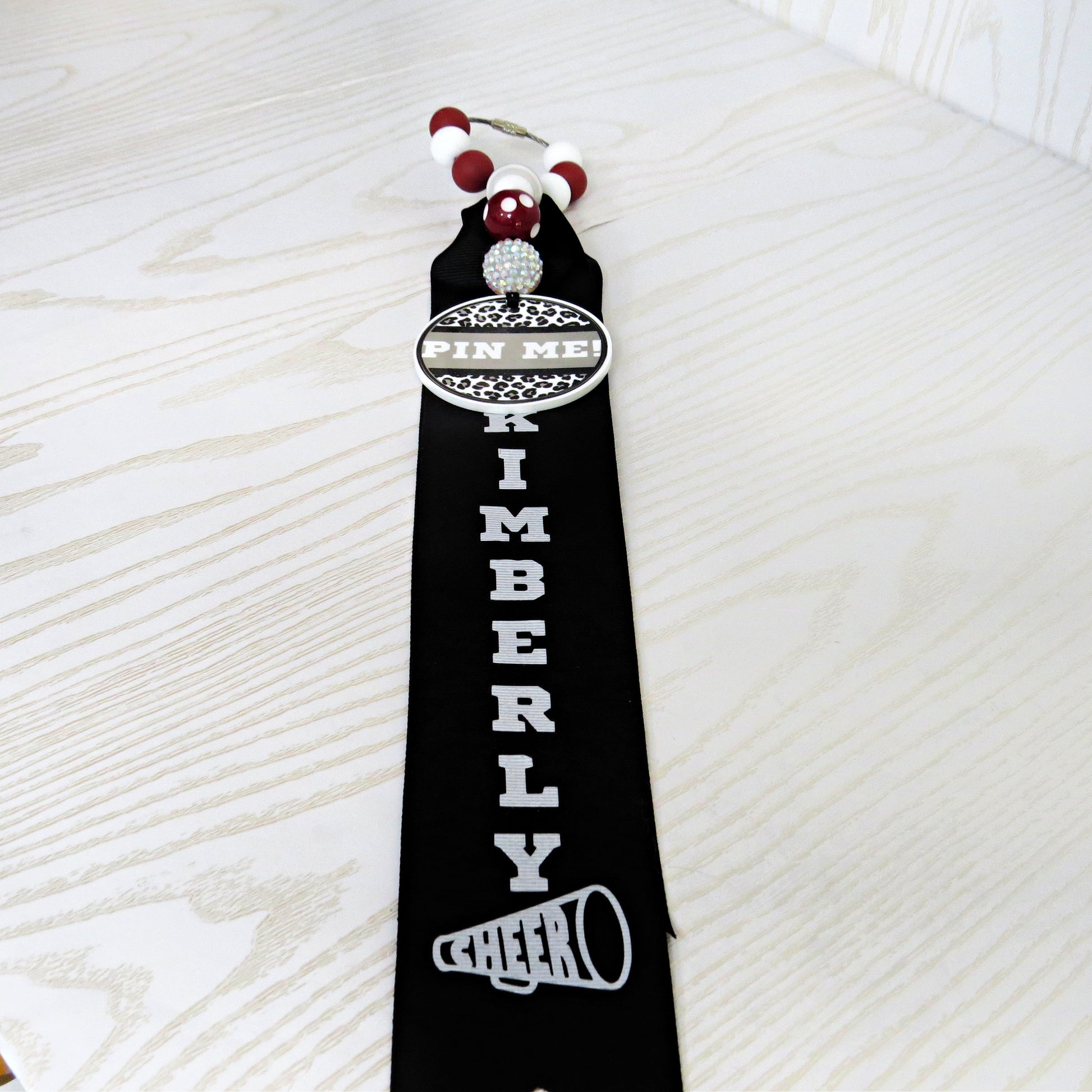 Cheerleader Pin Me! Ribbon for Backpack - Cheer Bag Tag Personalized with Nam... - close-up of design detail
