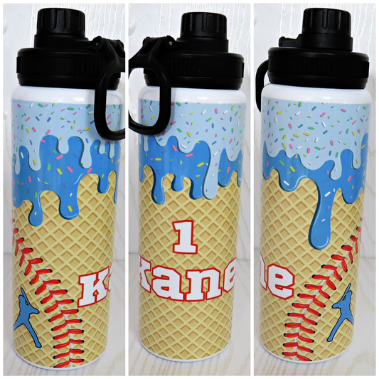 Custom 32 oz Baseball Ice Cream Water Bottle with Sprinkles – Personalized Sports Drip Design for Kids – Custom Name Gift
