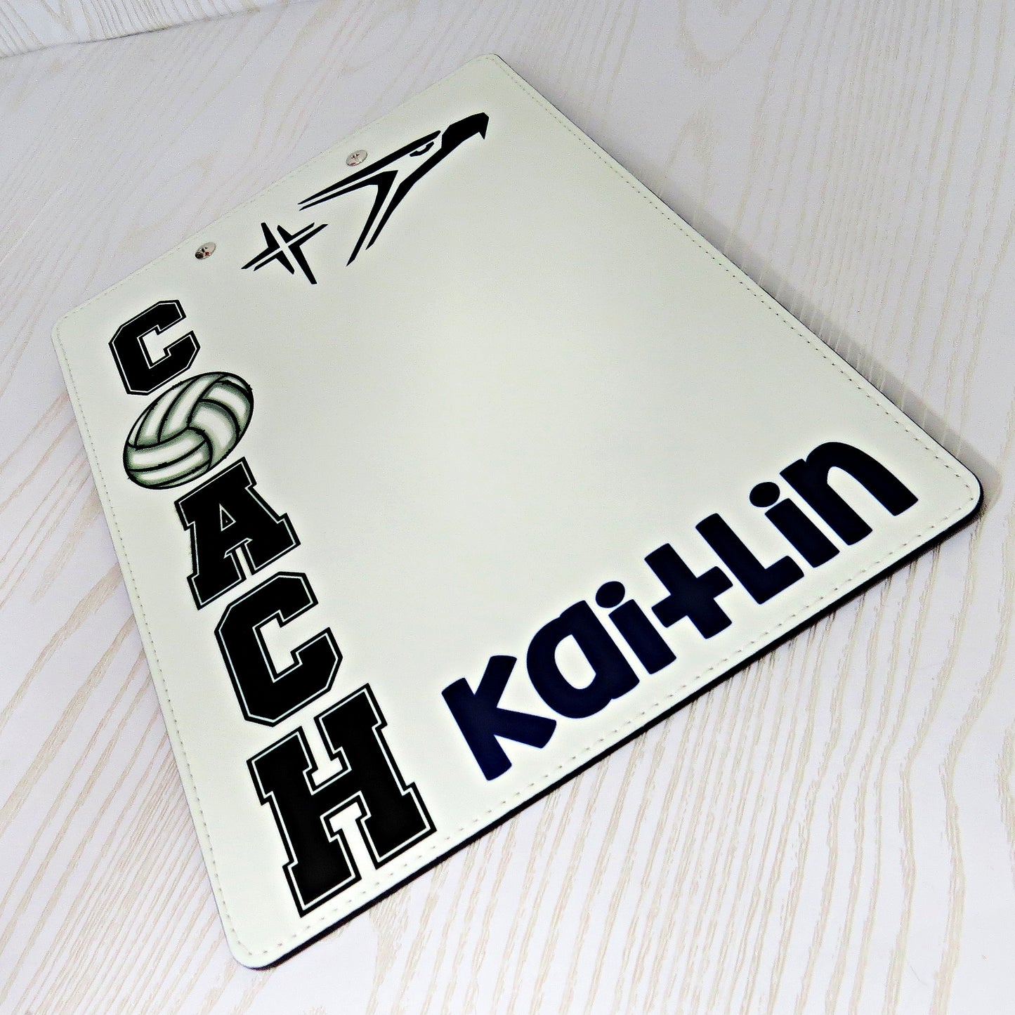 custom-volleyball-coach-gift-clipboard-with-name-blue-and-white-team-colors-handmade-sports-accessory