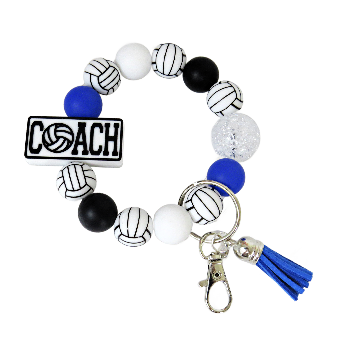 Volleyball Coach Silicone Keychain Beaded Wristlet - Custom Color Car Key Ring Bracelet with Tassel - Handmade Gift for Team Moms, Players & Fans